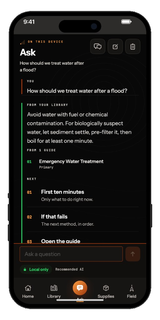 Ask screen. A cited answer on treating water after a flood, sourced from Emergency Water Treatment.