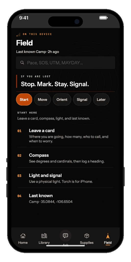Field screen. Lost protocol: stop, mark, stay, signal, with last known camp coordinates.