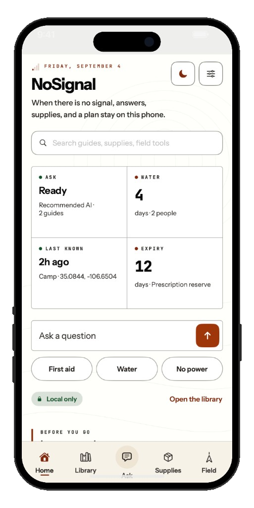 NoSignal Home in daylight mode. Same dashboard: Ask ready, water days, last known, expiry.