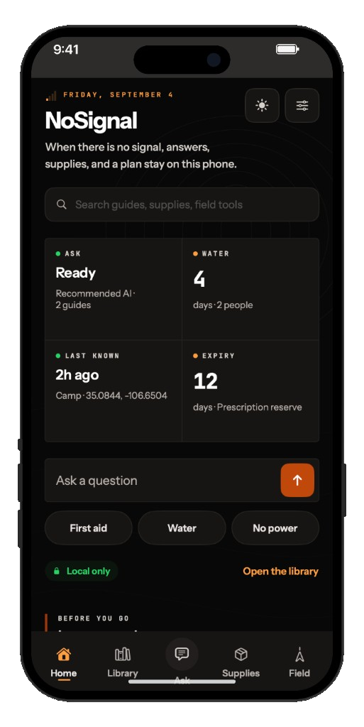 NoSignal Home on iPhone. Local dashboard with Ask ready, four days of water, last known camp, and a 12-day prescription expiry.