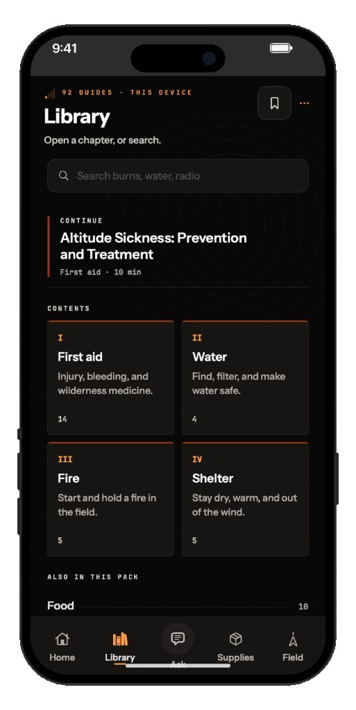 Library screen. 92 guides on this device, with first aid, water, fire, and shelter chapters.