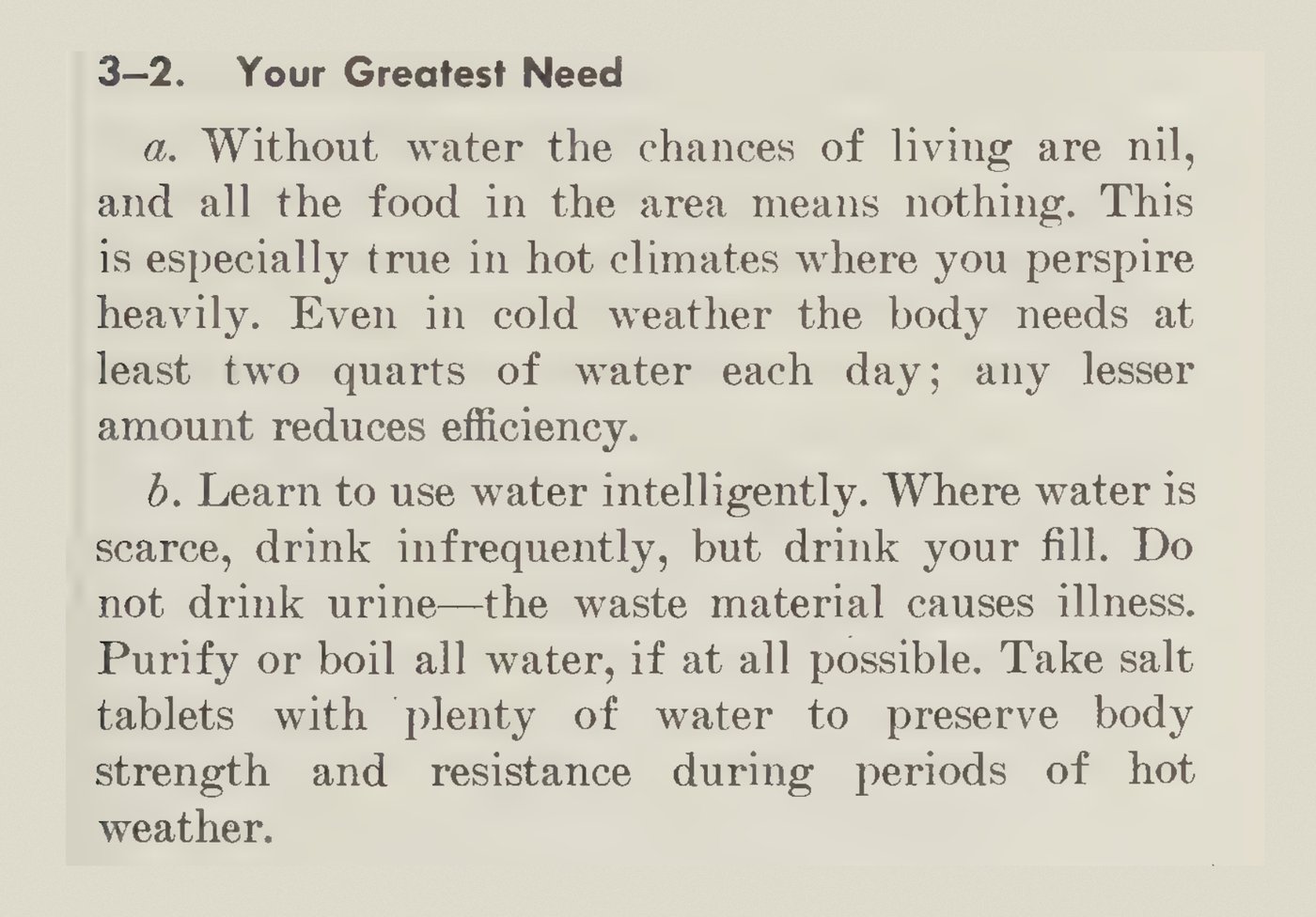Scanned page from the 1969 U.S. Army Survival manual, section 3-2, Your Greatest Need: Without water the chances of living are nil. Purify or boil all water, if at all possible.
