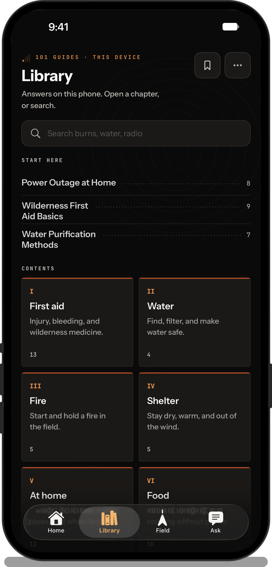 NoSignal Library. 101 guides, this device. Start here: Power Outage at Home, Wilderness First Aid Basics, Water Purification Methods. Contents: First aid, Water, Fire, Shelter, At home, Food.