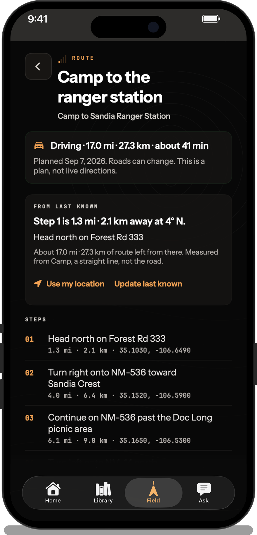 NoSignal route card. Camp to the ranger station. Bearing to step 1 from last known, then numbered steps with distances and coordinates.